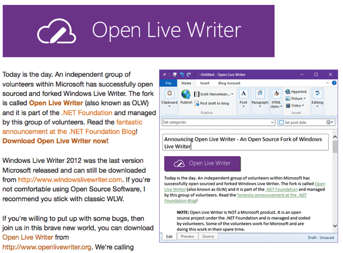 ブログエディター「Windows Live Writer」がオープンソース化、「Open Live Writer」が